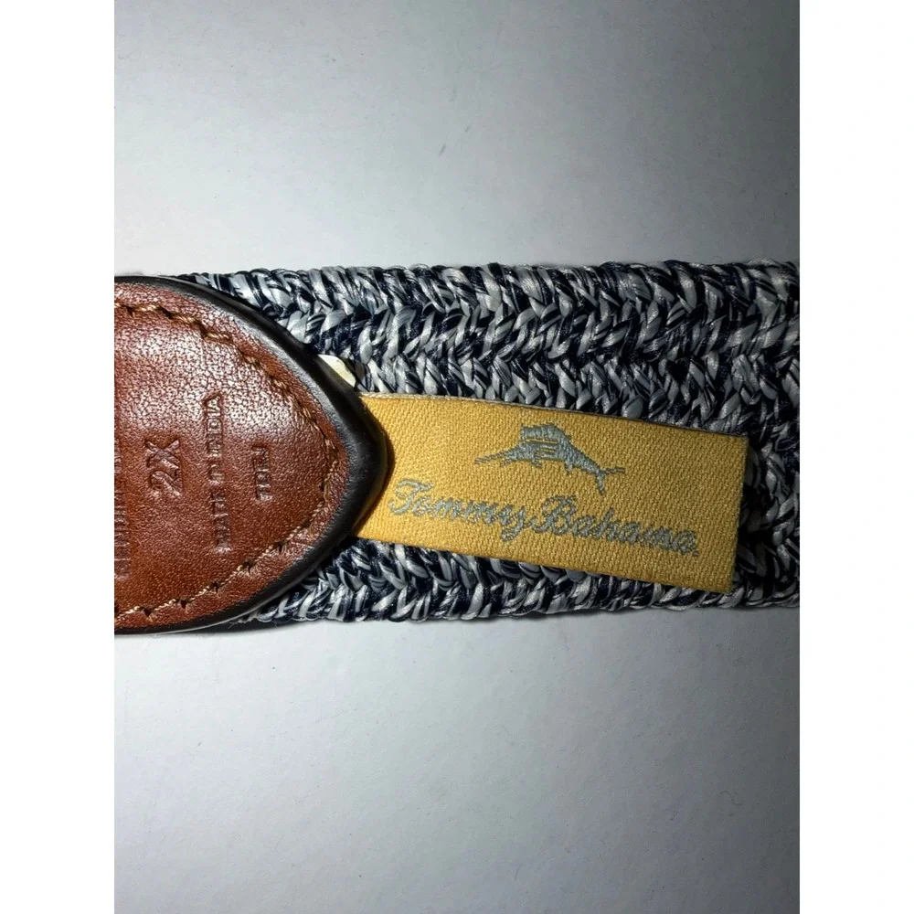 Tommy Bahama Belt Mens 2XL Blue White Woven Braided w/Leather Trim Casual